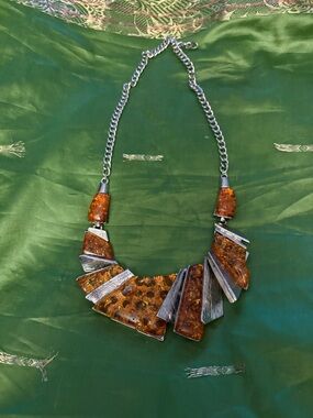 Statement Amber-Tone Resin and Silver-Tone Necklace